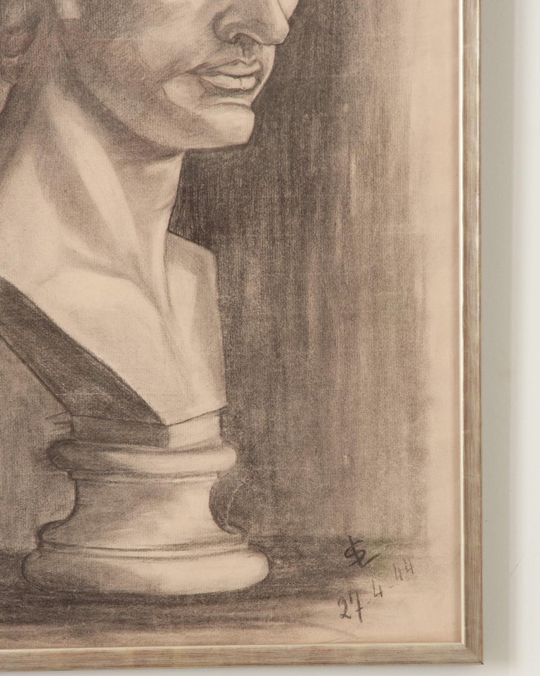 French Vintage Framed Charcoal Bust Sketch For Sale at 1stDibs