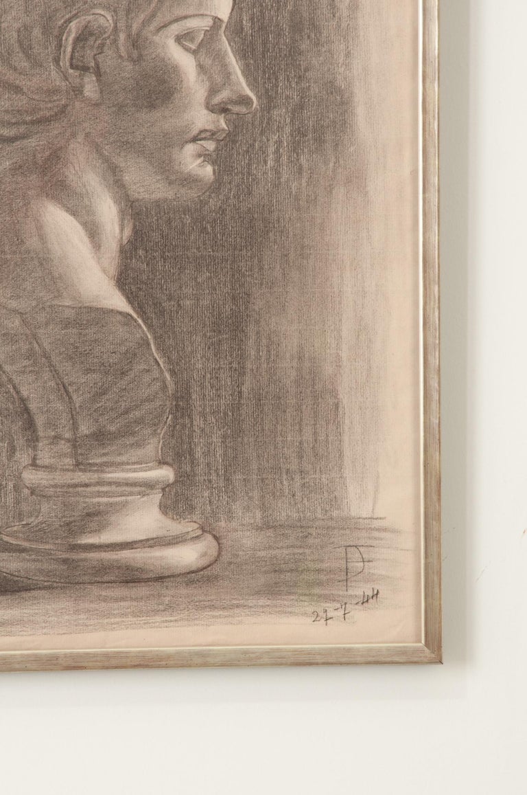 French Vintage Framed Charcoal Bust Sketch For Sale at 1stDibs