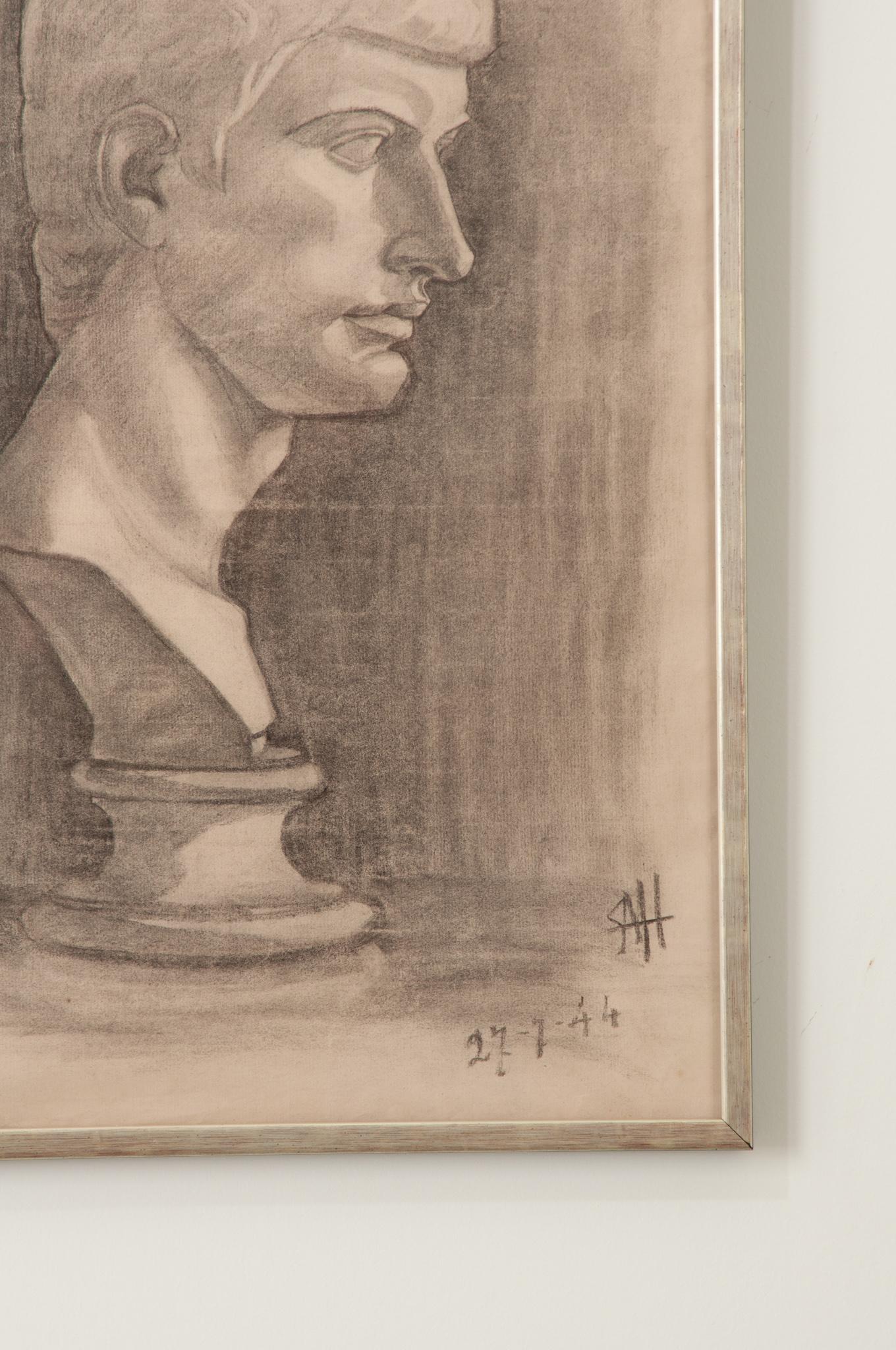 Other French Vintage Framed Charcoal Bust Sketch