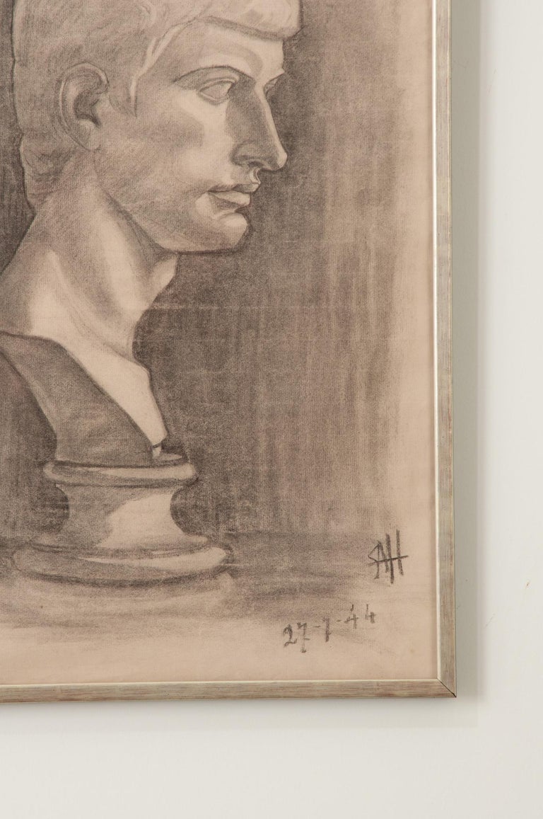French Vintage Framed Charcoal Bust Sketch For Sale at 1stDibs