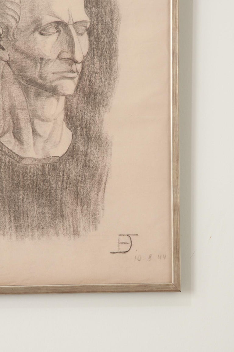 French Vintage Framed Charcoal Bust Sketch For Sale at 1stDibs