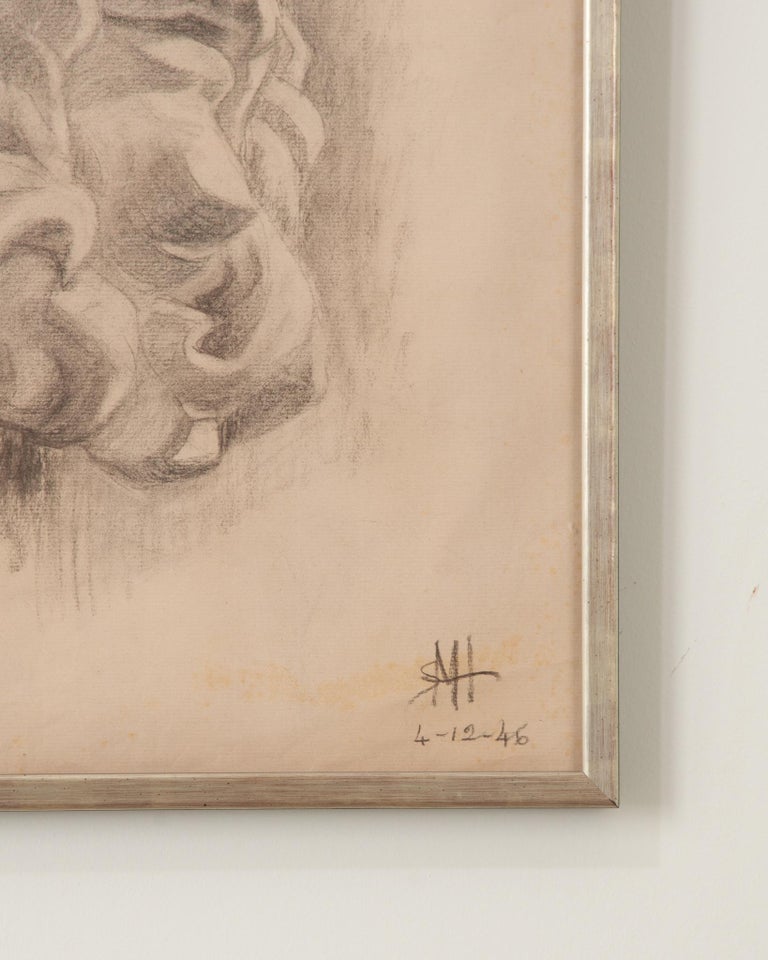 French Vintage Framed Charcoal Bust Sketch For Sale at 1stDibs