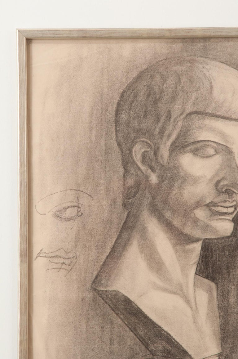 French Vintage Framed Charcoal Bust Sketch For Sale at 1stDibs
