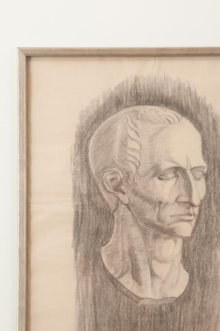 French Vintage Framed Charcoal Bust Sketch For Sale at 1stDibs