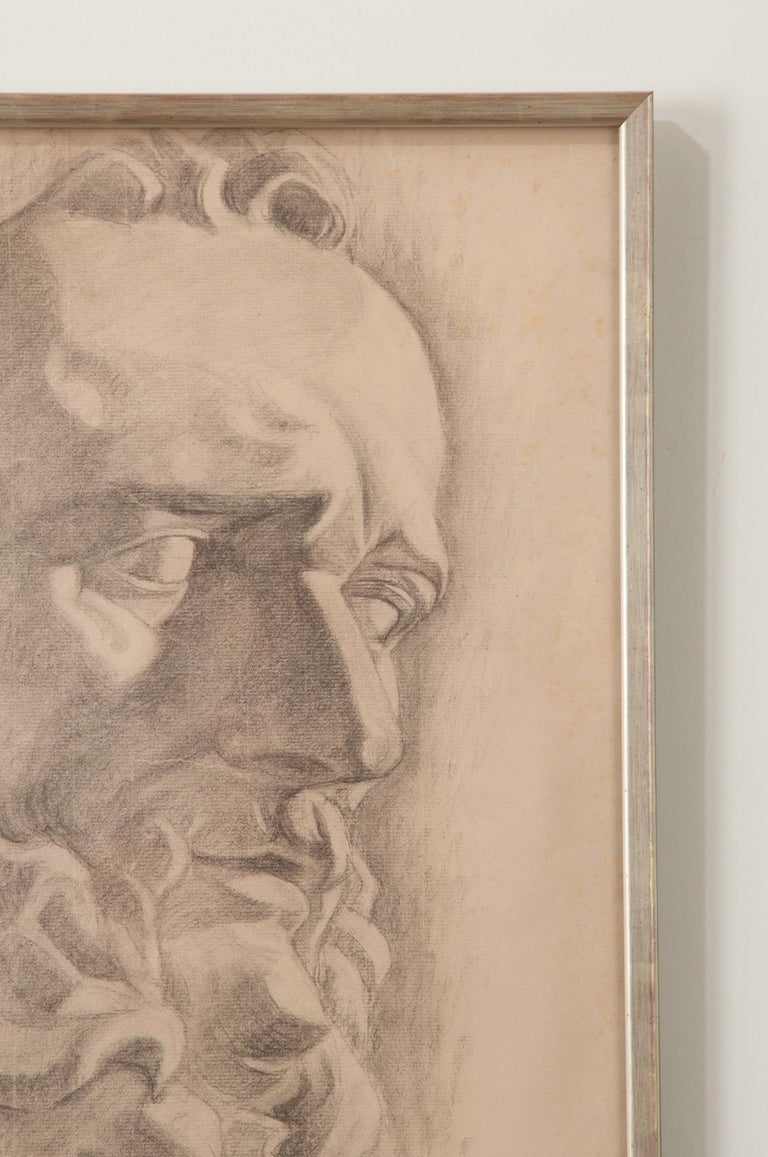 French Vintage Framed Charcoal Bust Sketch For Sale at 1stDibs