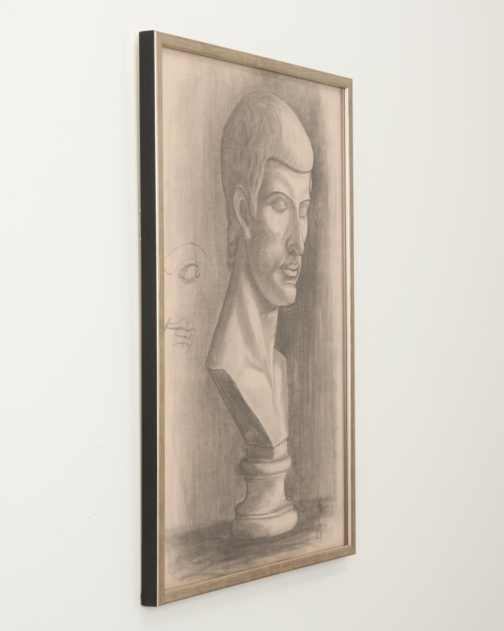 French Vintage Framed Charcoal Bust Sketch In Good Condition For Sale In Baton Rouge, LA