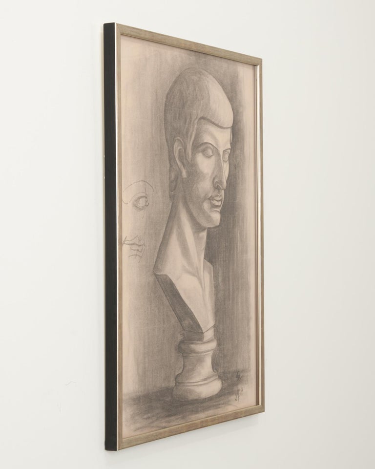 French Vintage Framed Charcoal Bust Sketch For Sale at 1stDibs