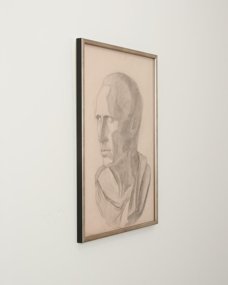 French Vintage Framed Charcoal Bust Sketch For Sale at 1stDibs
