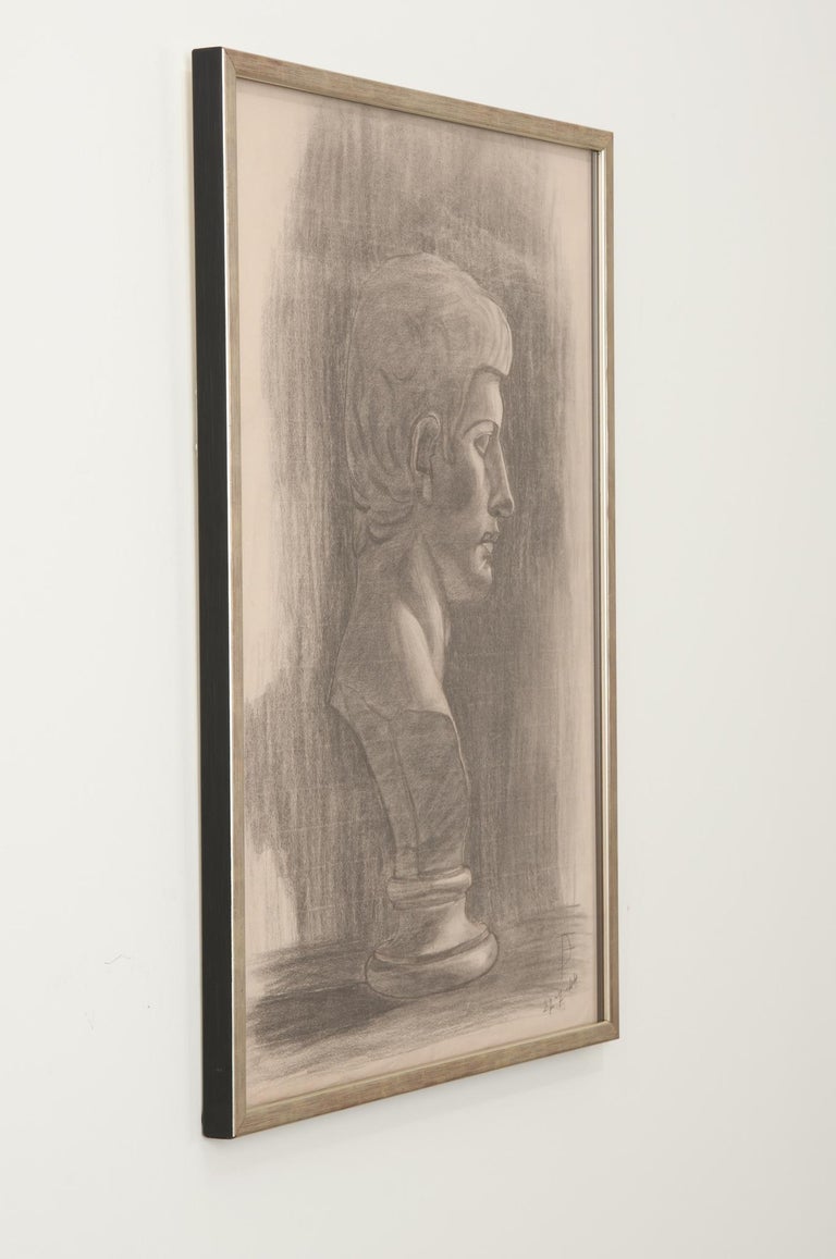 French Vintage Framed Charcoal Bust Sketch For Sale at 1stDibs