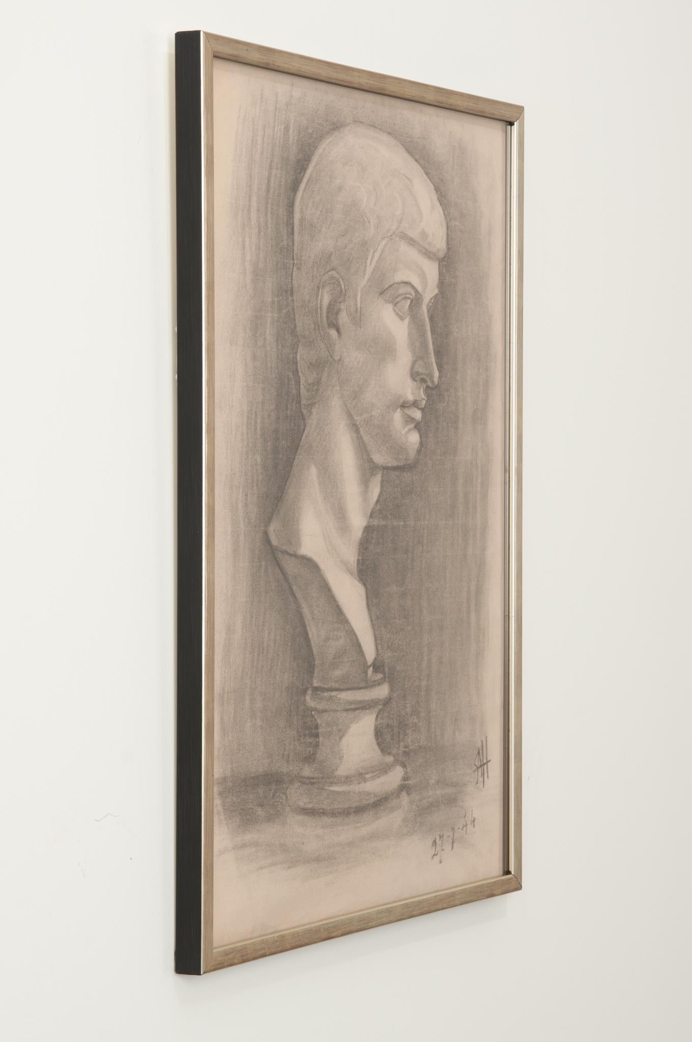 French Vintage Framed Charcoal Bust Sketch In Good Condition In Baton Rouge, LA
