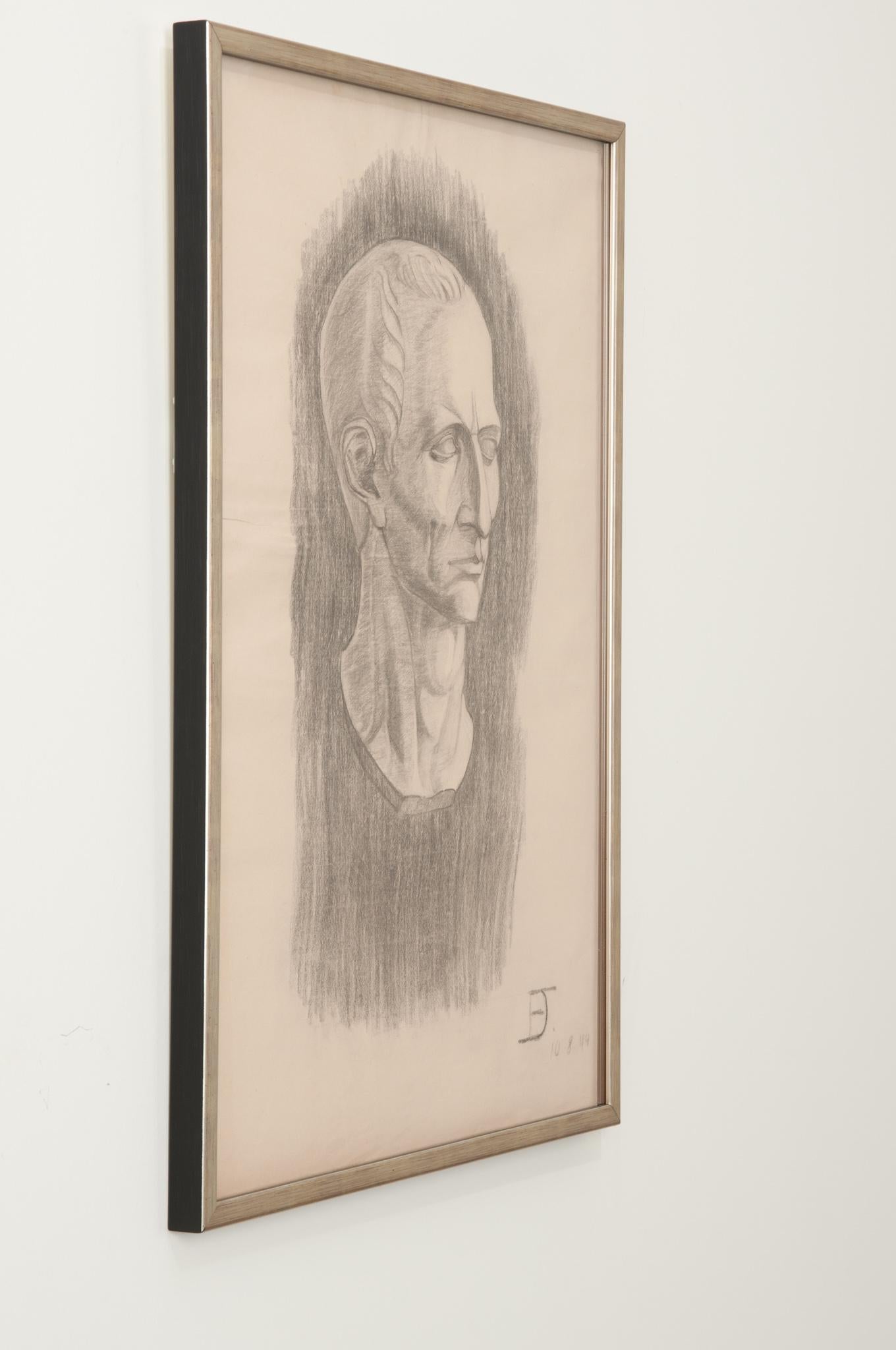 French Vintage Framed Charcoal Bust Sketch In Good Condition For Sale In Baton Rouge, LA