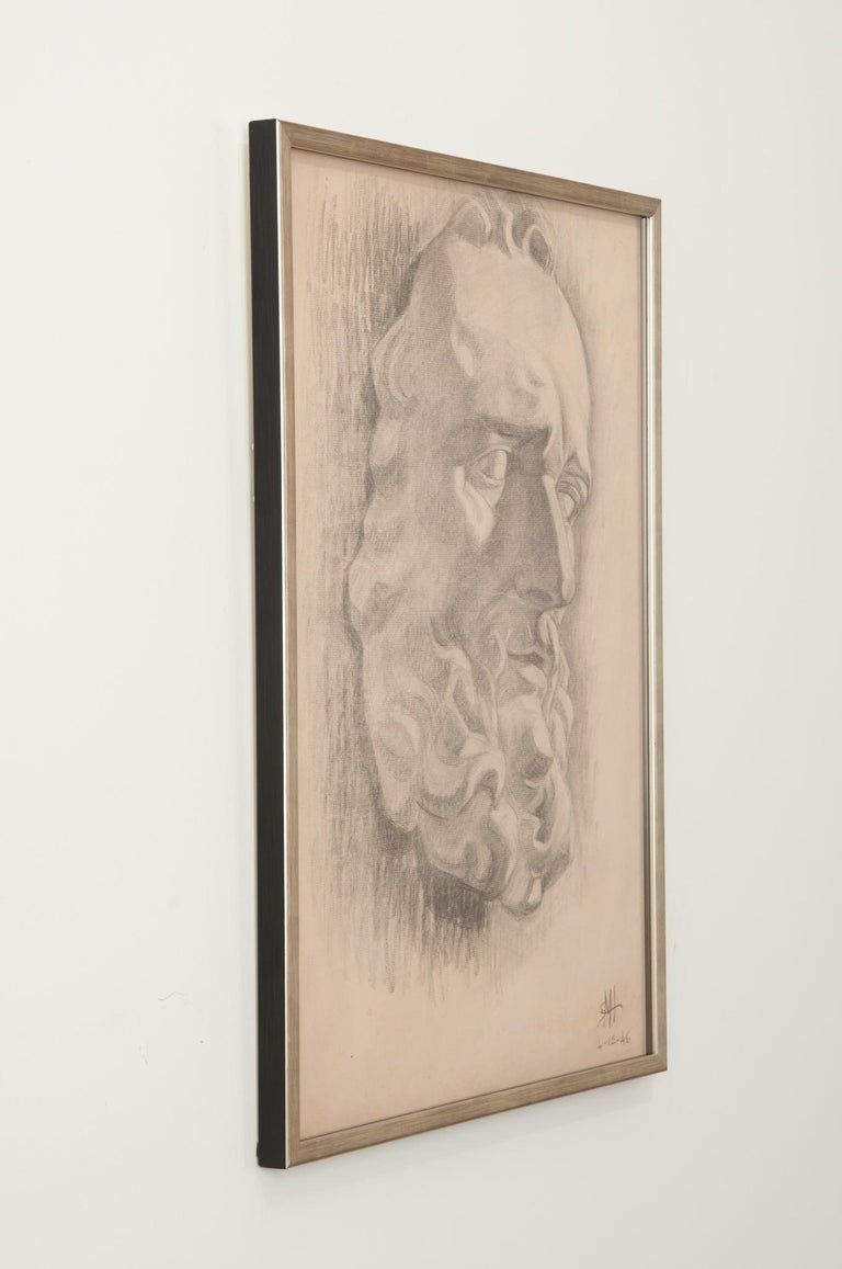 French Vintage Framed Charcoal Bust Sketch For Sale at 1stDibs