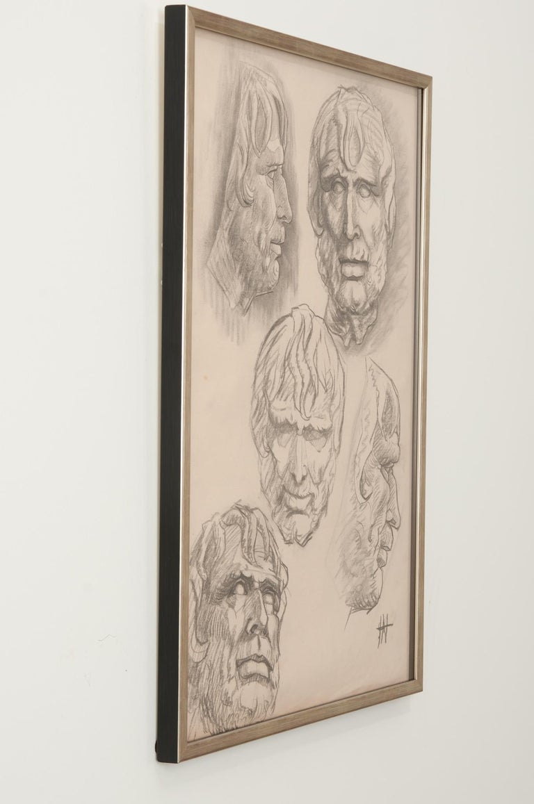 French, Vintage Framed Charcoal Bust Sketch For Sale at 1stDibs