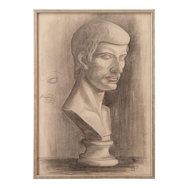 French Vintage Framed Charcoal Bust Sketch For Sale at 1stDibs
