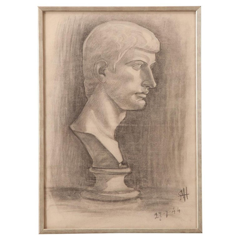 French Vintage Framed Charcoal Bust Sketch For Sale at 1stDibs