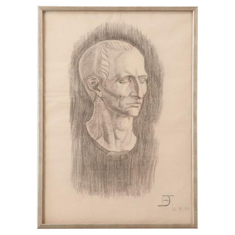 French Vintage Framed Charcoal Bust Sketch For Sale at 1stDibs