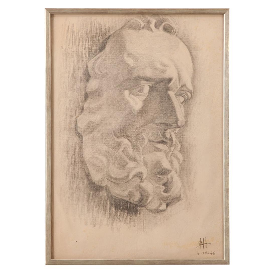 French Vintage Framed Charcoal Bust Sketch For Sale