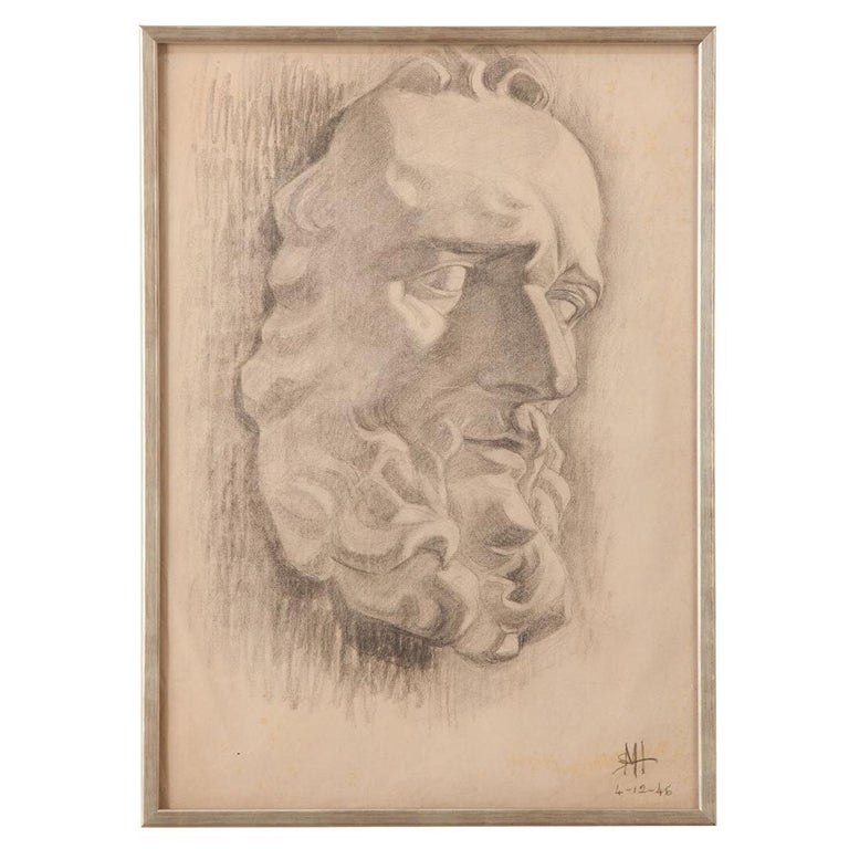 French Vintage Framed Charcoal Bust Sketch For Sale at 1stDibs
