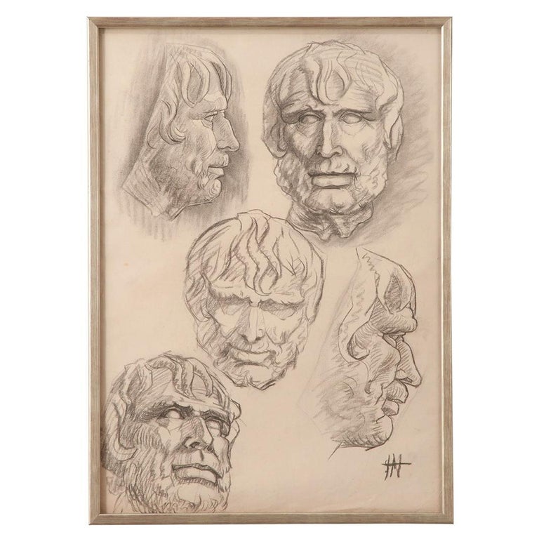 French, Vintage Framed Charcoal Bust Sketch For Sale at 1stDibs