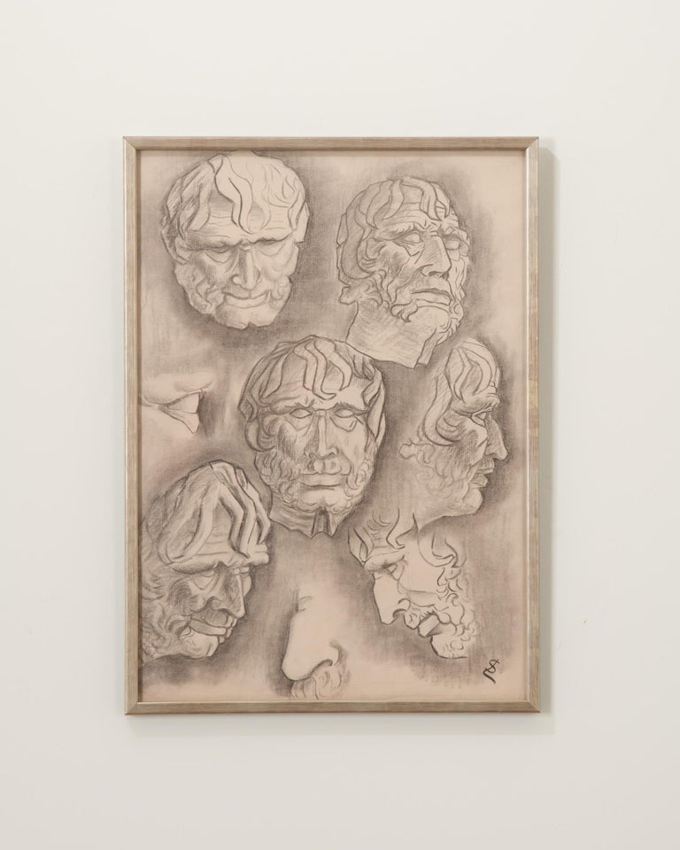 French Vintage Framed Charcoal Sketch For Sale at 1stDibs