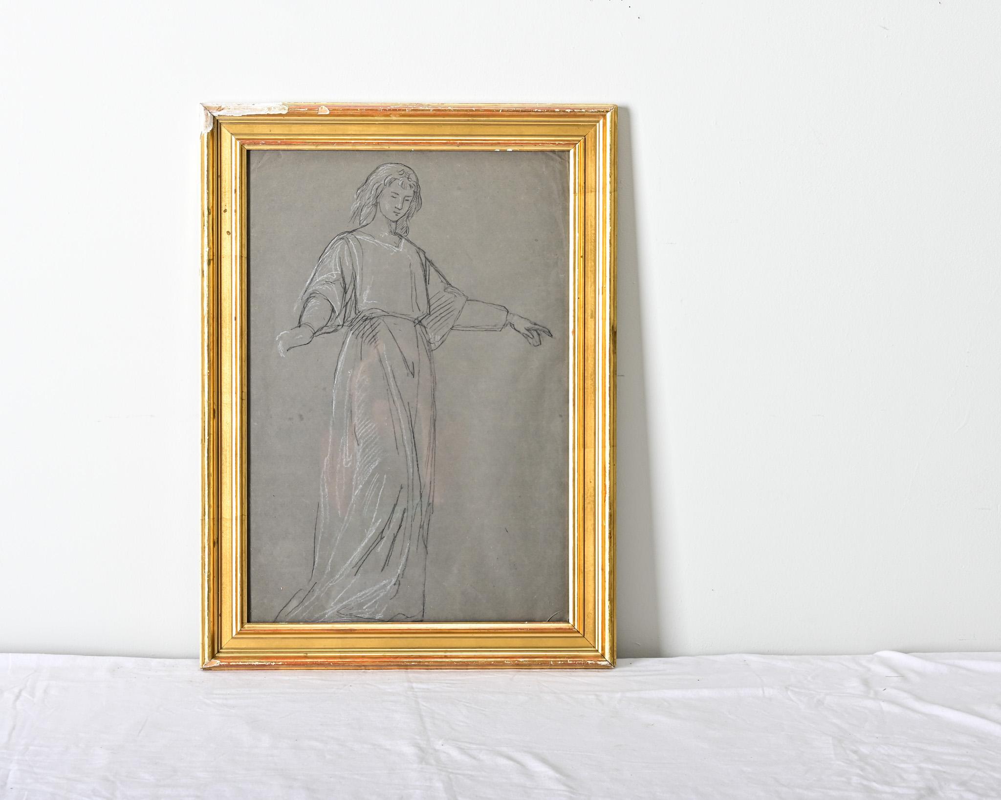 Französische Kohle- und Kreideskizze aus dem 20. Jahrhundert, die eine statuenhafte Frau in einem locker sitzenden Kleid (wie ein Morgenmantel) zeigt; aus dem Kontext gerissen könnte sie leicht mit einer Figur aus der griechisch-römischen Antike