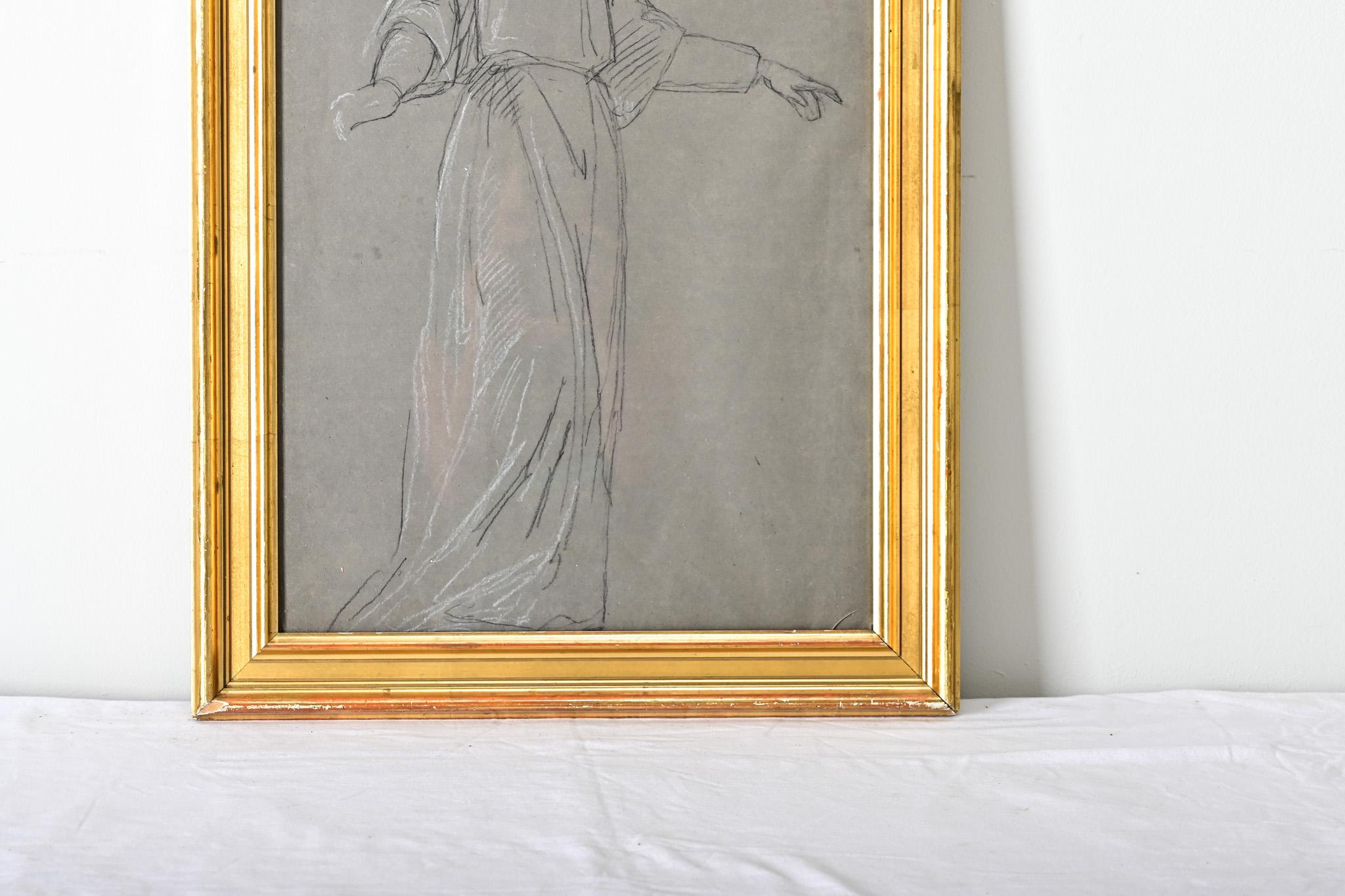 Französisch Vintage By Gerahmte Kohlenskizze (Französische Provence) im Angebot