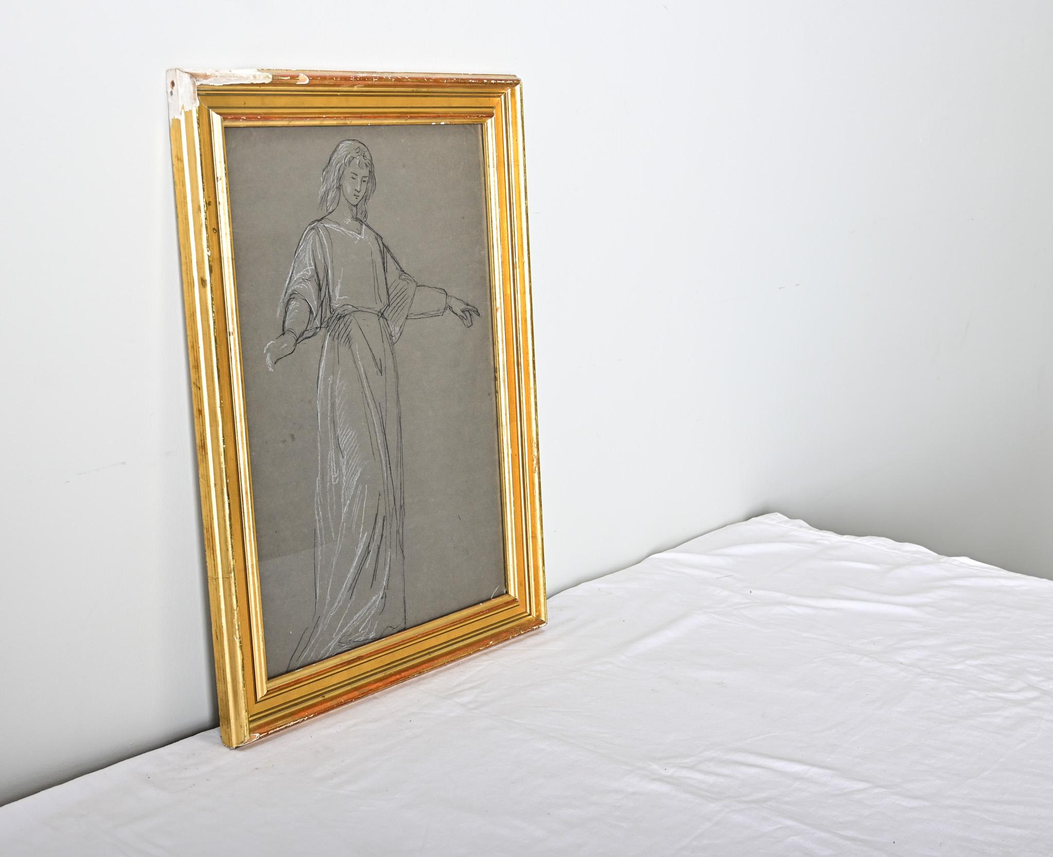 Französisch Vintage By Gerahmte Kohlenskizze (Gold) im Angebot