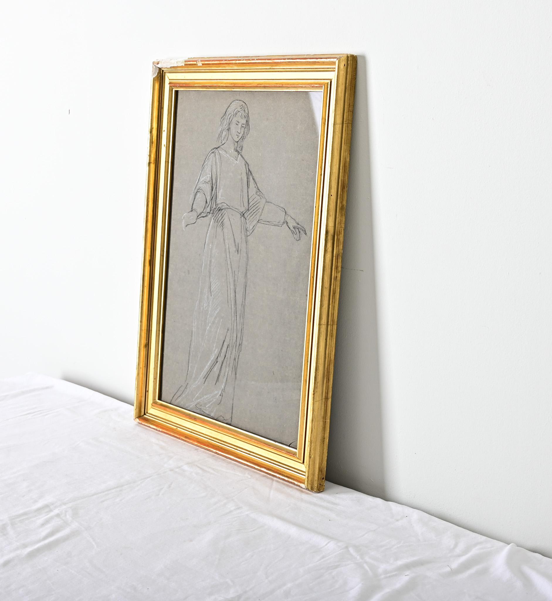 Französisch Vintage By Gerahmte Kohlenskizze im Angebot 1