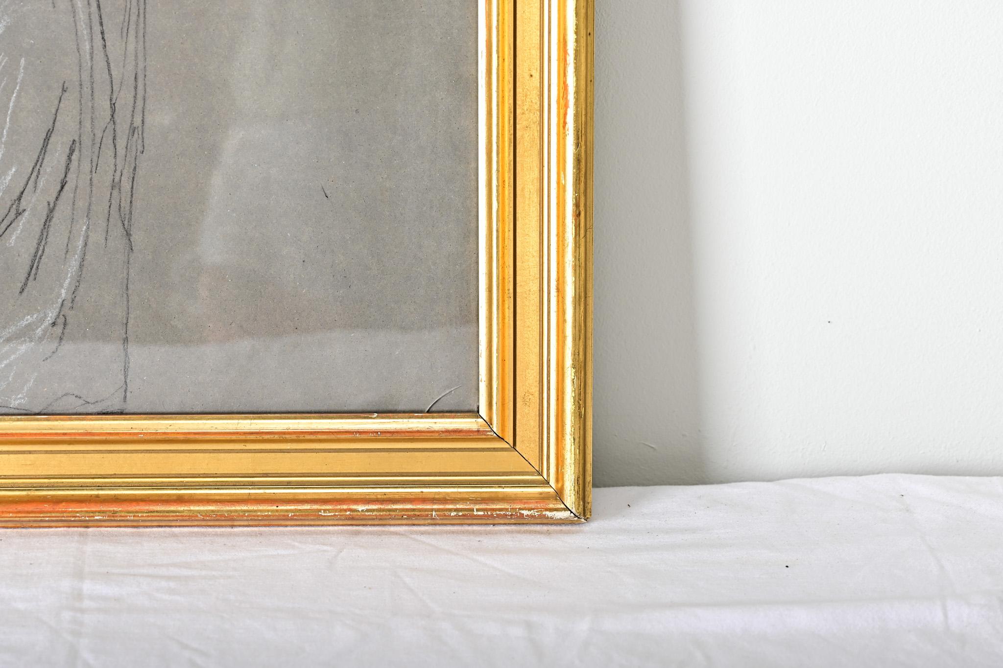 Französisch Vintage By Gerahmte Kohlenskizze im Angebot 2
