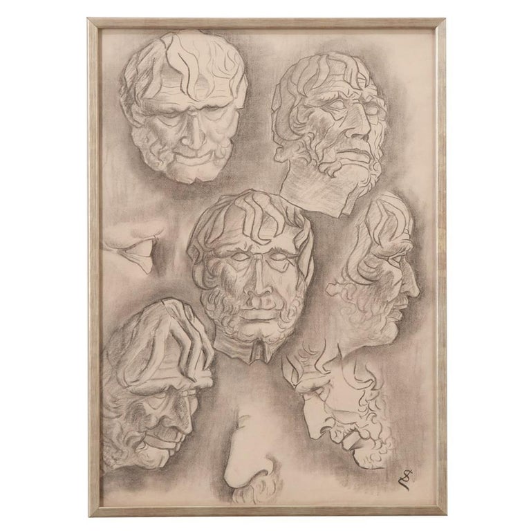French Vintage Framed Charcoal Sketch For Sale at 1stDibs