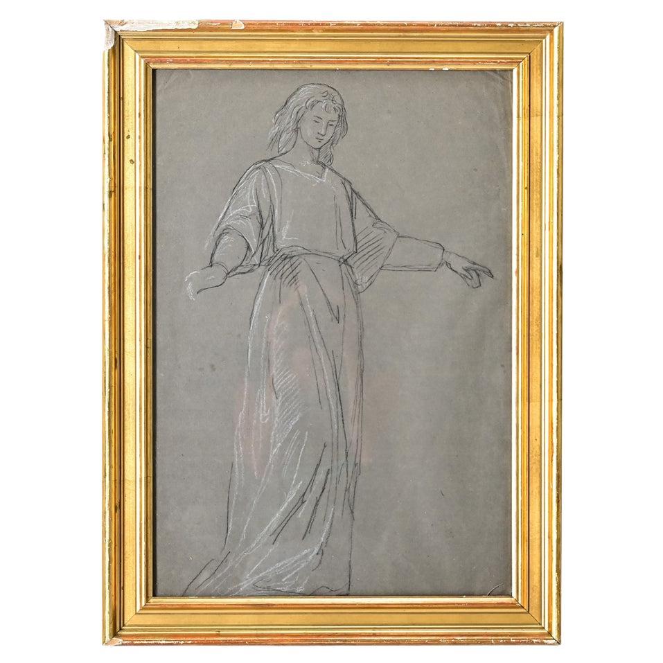 Croquis au fusain encadré Vintage français