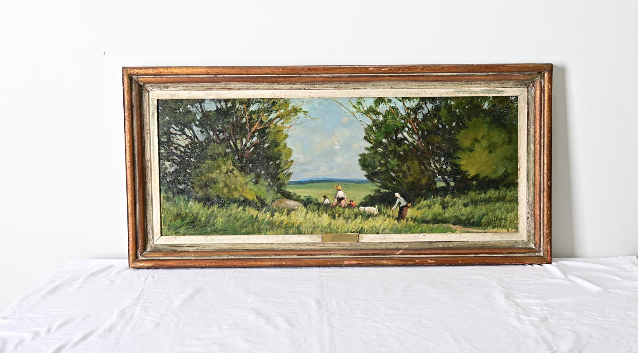 Ein bezauberndes französisches Landschaftsgemälde im Vintage-Stil, das sich zu einem weiten Panorama ausdehnt, um die unberührte Schönheit der Landschaft von Ain (Ain ist ein Departement in Ostfrankreich) zu würdigen, wo eine Mutter, zwei Kinder,