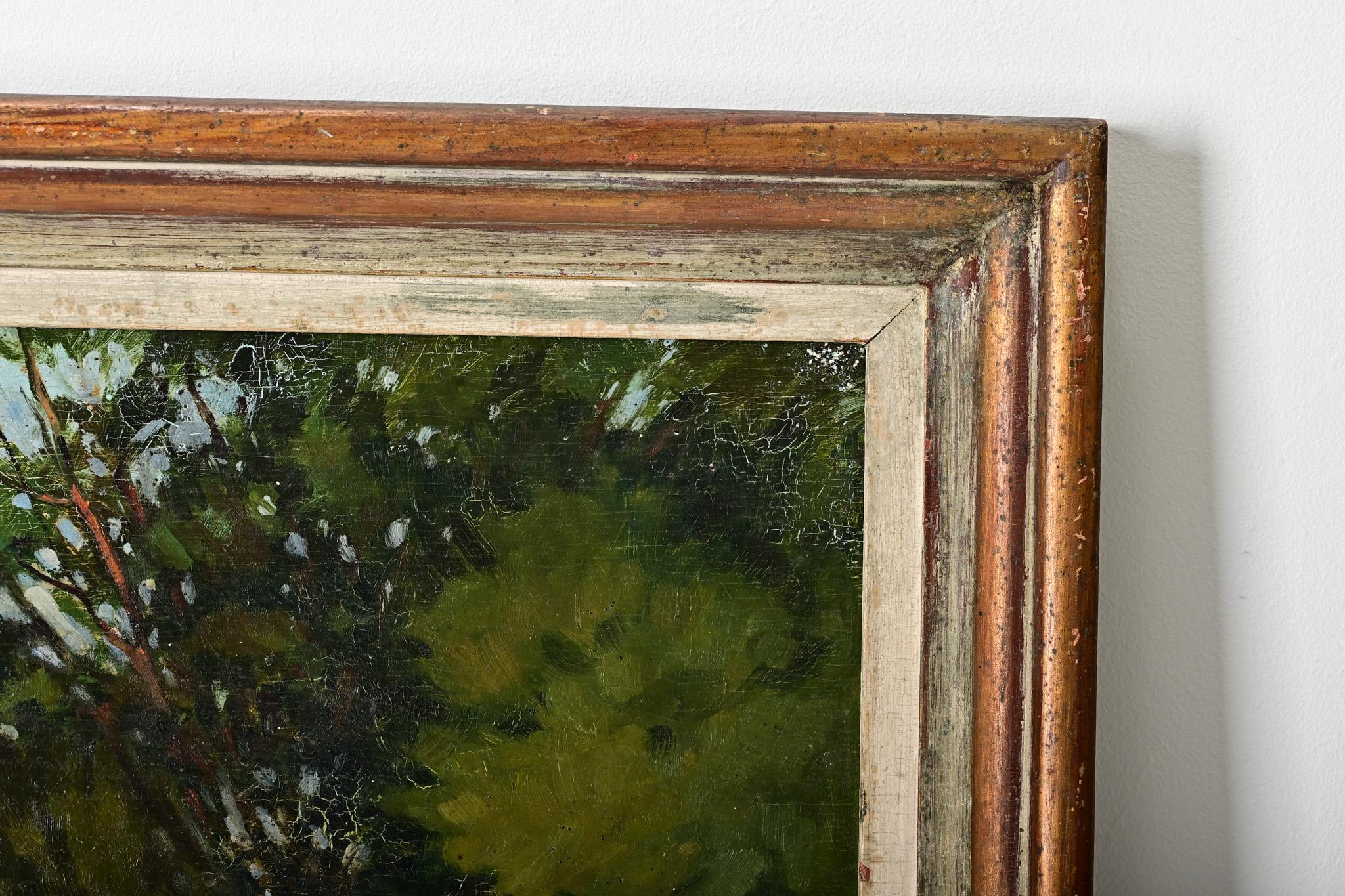 Französisch Vintage gerahmte Landschaft Gemälde (Geschnitzt) im Angebot