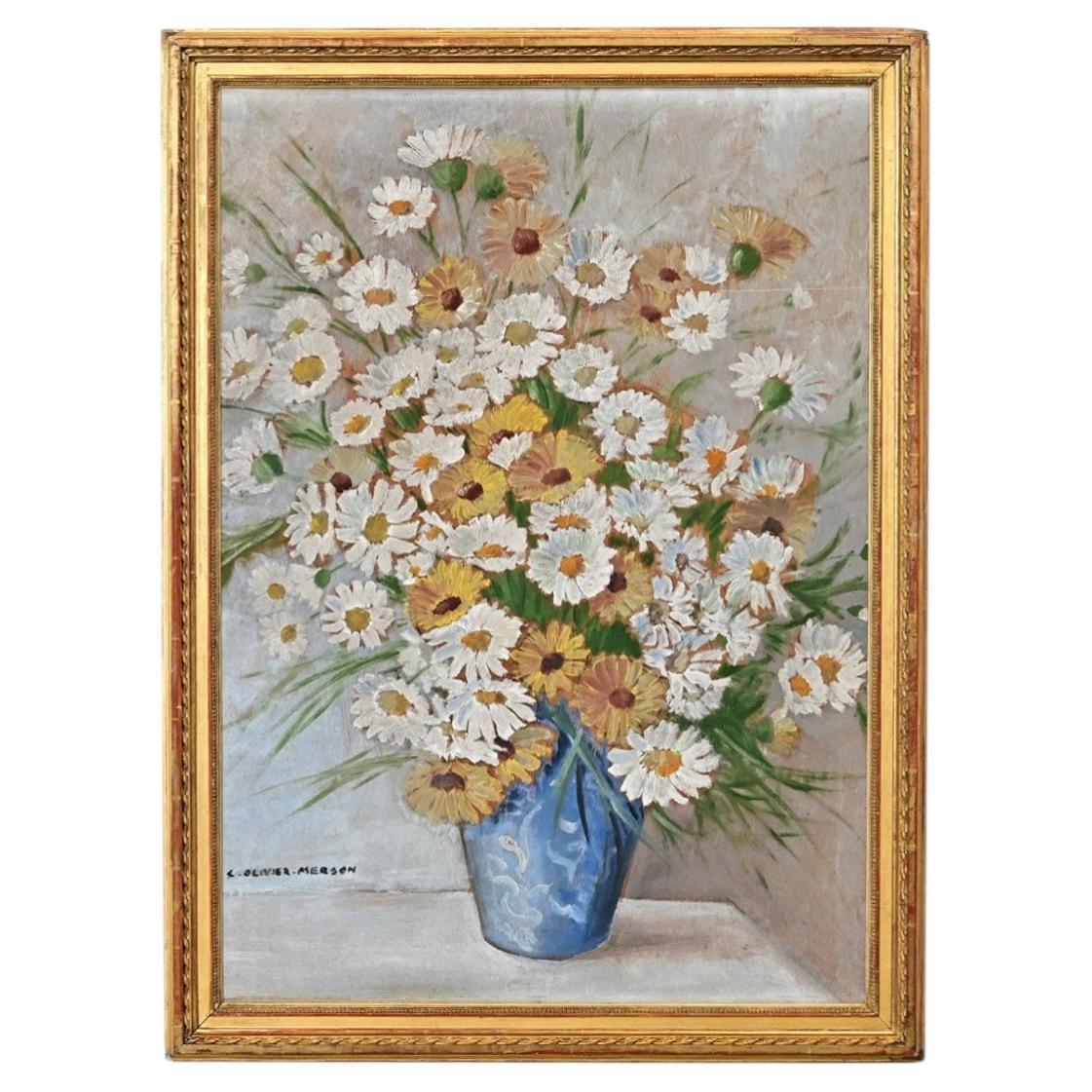 Ölgemälde im Vintage-Stil: Blumenstillleben mit Gänseblümchen in einer blauen Vase