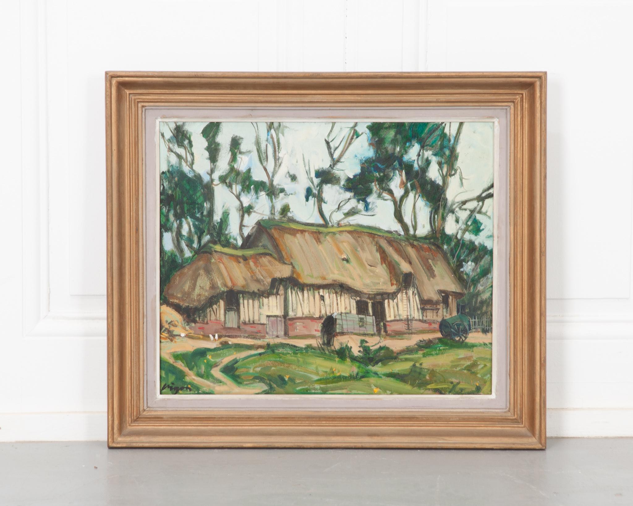 Oil on board, matted and framed in gilt gold. Depicts a serene thatched roof cottage, signed by artist. Circa 1920, in good condition. Make sure to view the detailed images for a closer look.