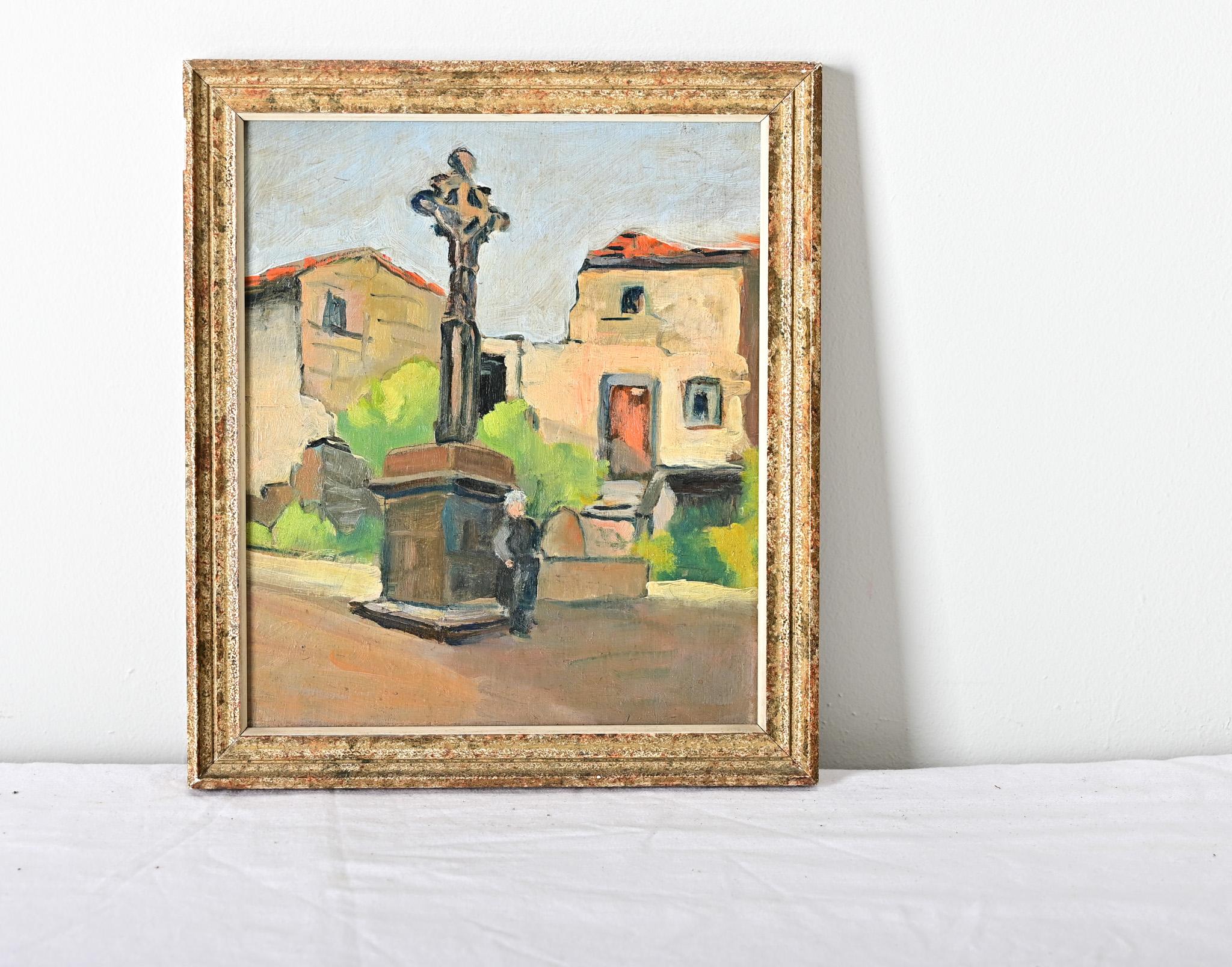 Un piccolo paesaggio urbano francese d'epoca dipinto su tavola che raffigura una grande croce al centro di una città iberica non identificata; la tecnica colorata dell'artista astrae la prospettiva per dire con certezza dove e quando. La stretta