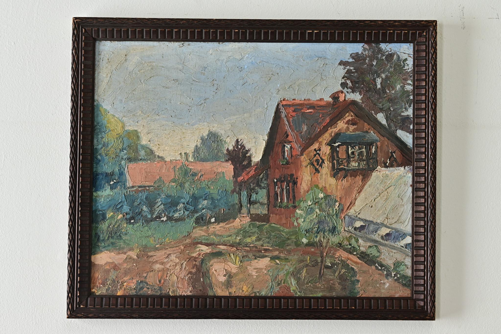 This French vintage oil on board painting illustrates a peaceful moment at a modest homestead in rustic landscape. The vintage carved wood frame emphasizes the architectural and decorative details of the home. Wired on the back to hang immediately.