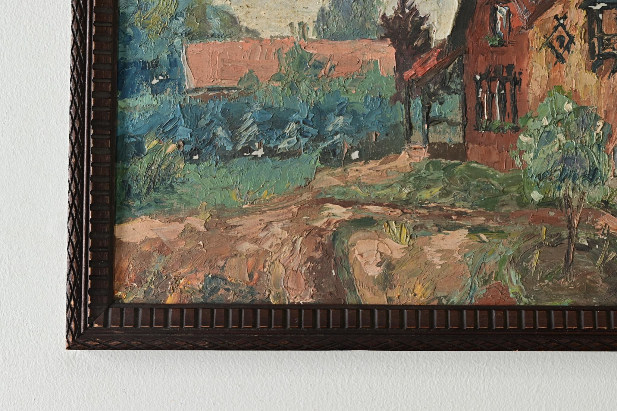Hand-Carved French Vintage Framed Painting of a Homestead For Sale