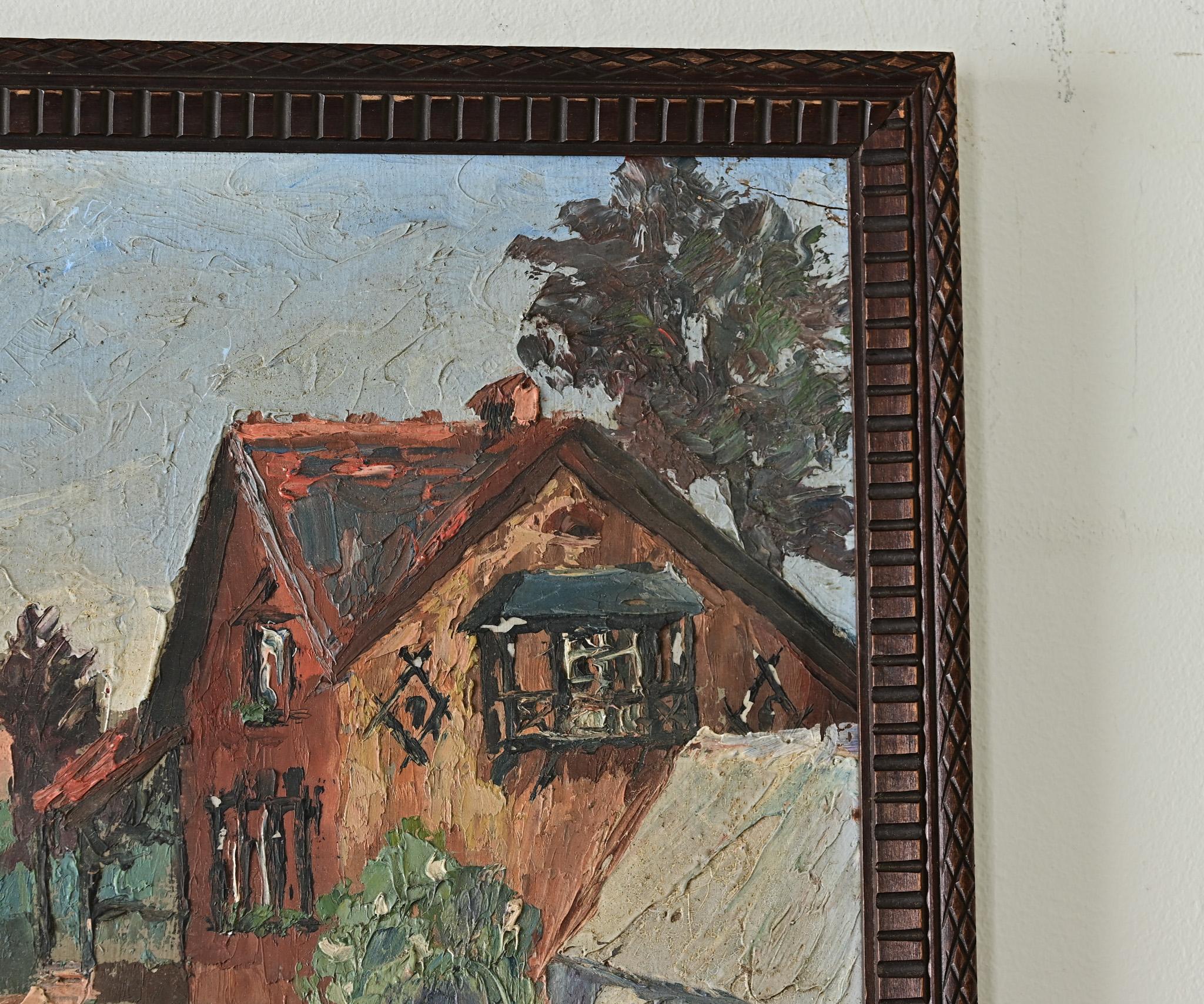 French Vintage Framed Painting of a Homestead In Good Condition For Sale In Baton Rouge, LA