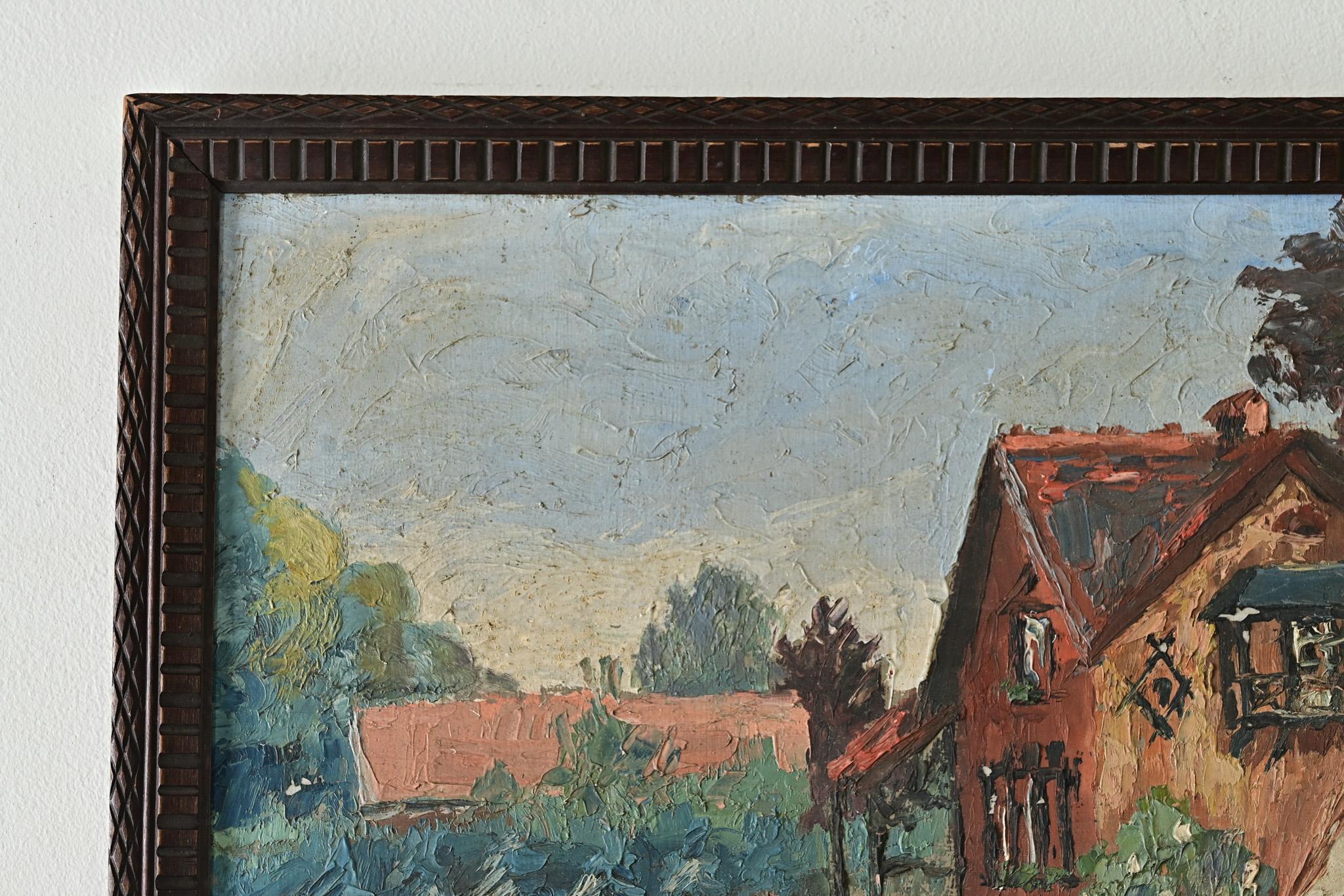 20th Century French Vintage Framed Painting of a Homestead For Sale