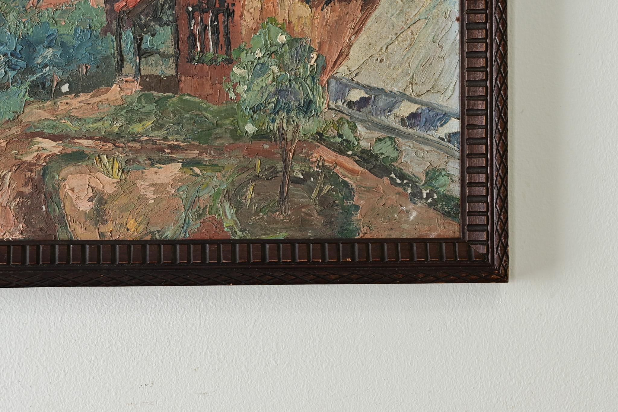 French Vintage Framed Painting of a Homestead For Sale 1