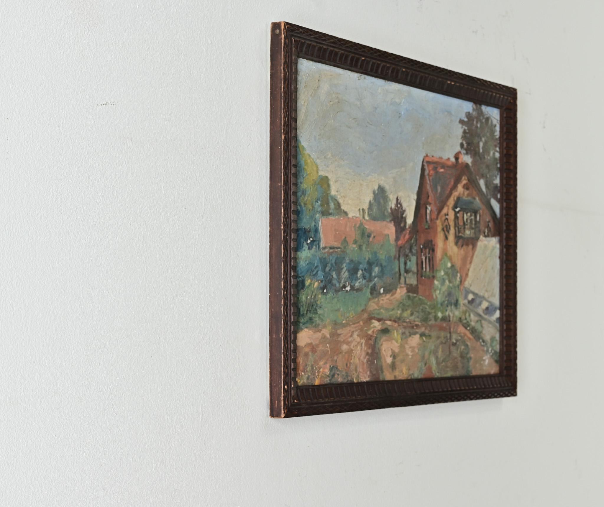 French Vintage Framed Painting of a Homestead For Sale 2