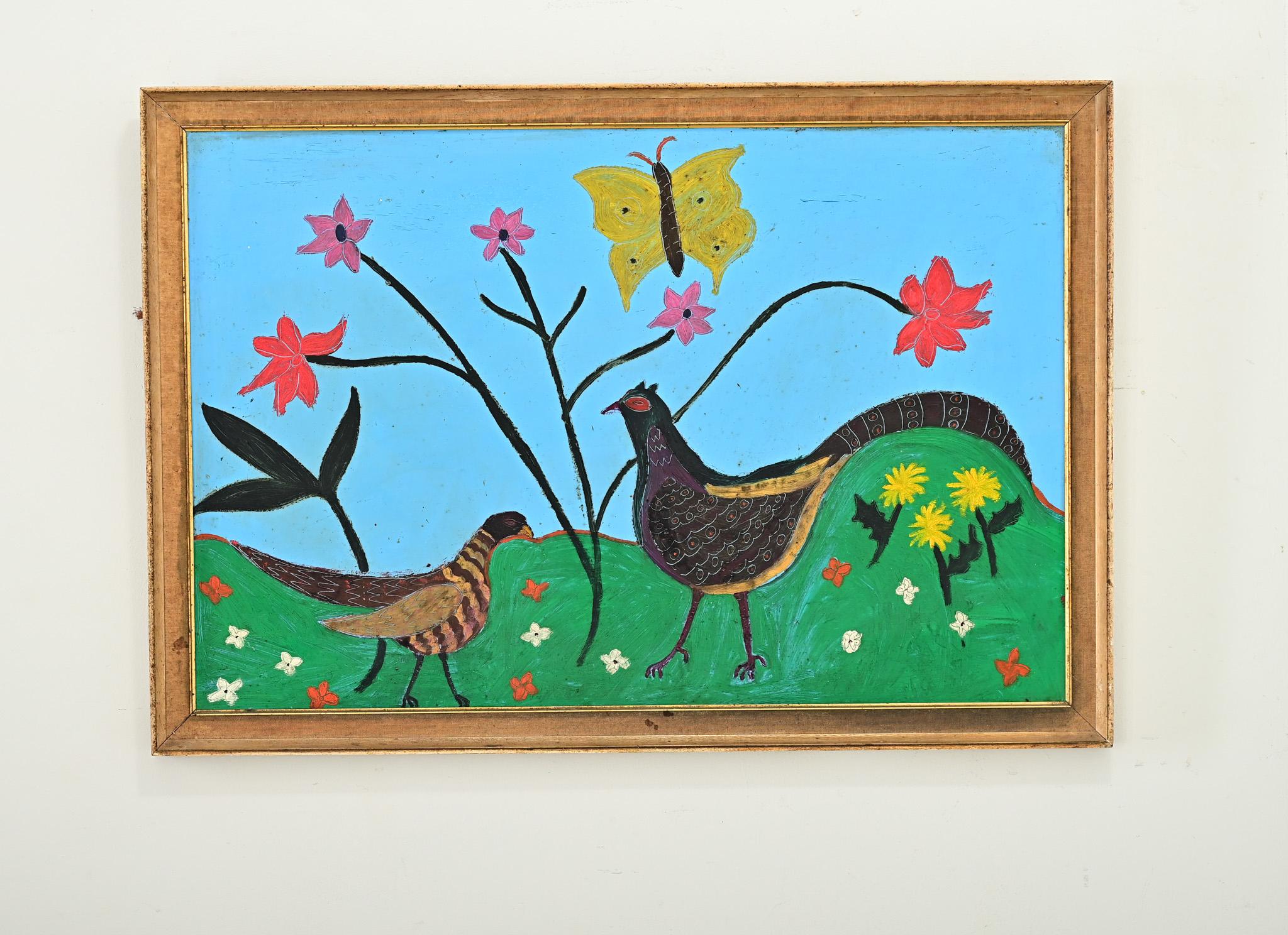 Dieses liebenswerte französische Vintage-Gemälde auf Karton mit zwei Fasanen zaubert ein Lächeln auf Ihr Gesicht und entführt den Betrachter in eine ländliche Umgebung, in der die Fantasie freien Lauf hat. In einer kühnen und lebhaften Farbpalette