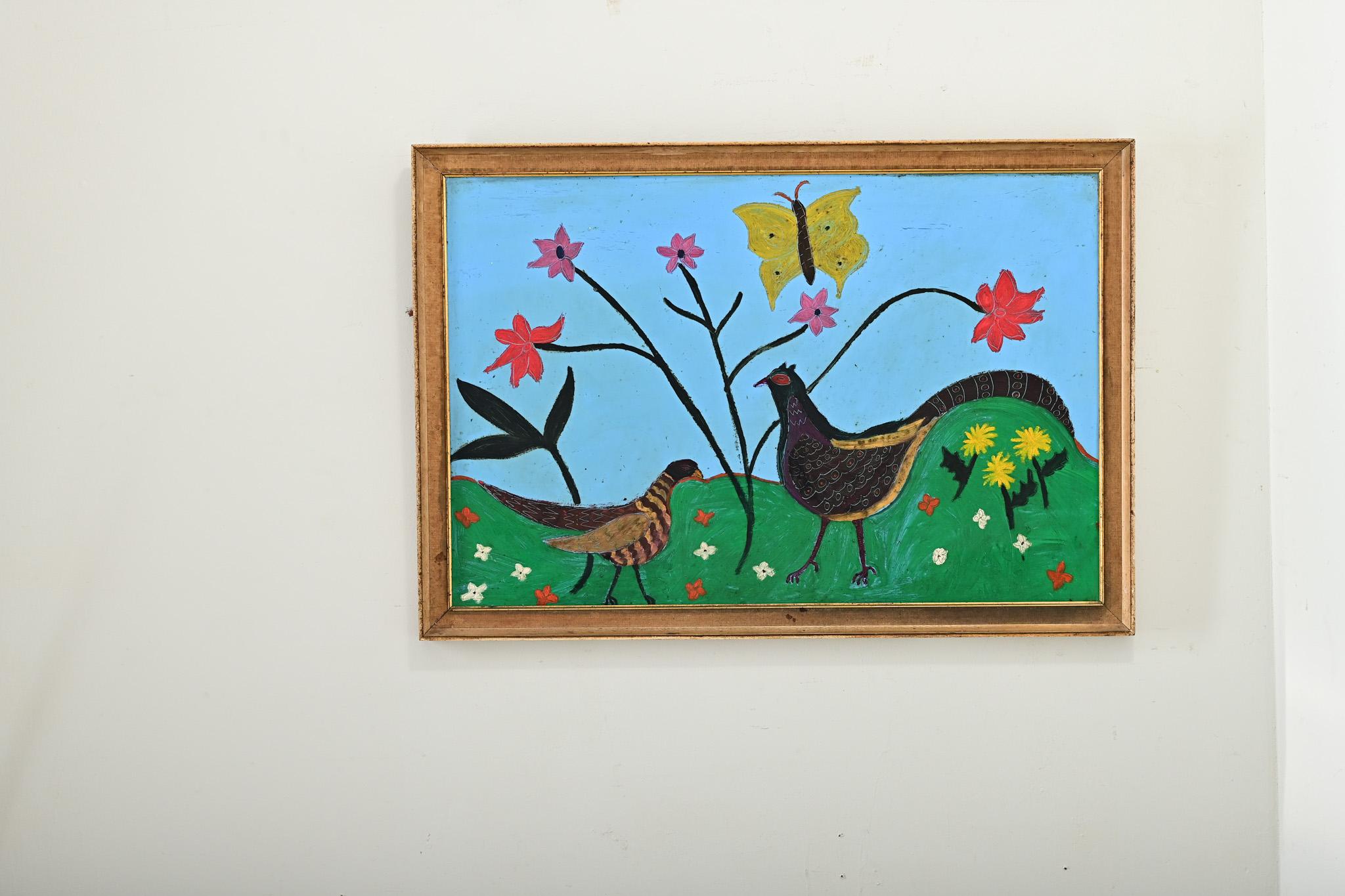 Französisch Vintage gerahmt Gemälde von Fasanen (Volkskunst) im Angebot