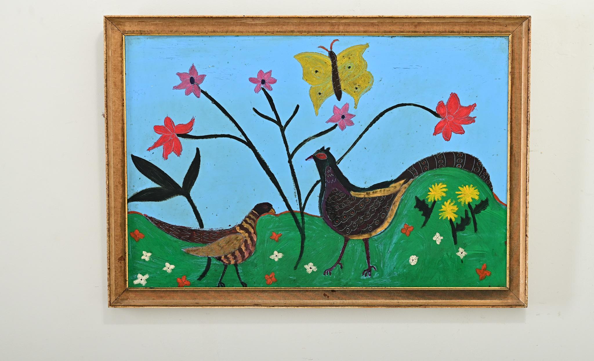 Französisch Vintage gerahmt Gemälde von Fasanen (Geschnitzt) im Angebot