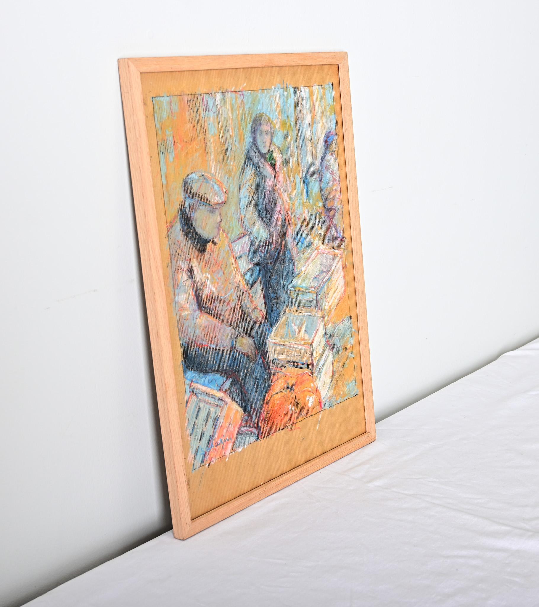 Französisch Vintage gerahmt Pastell Zeichnung (20. Jahrhundert) im Angebot
