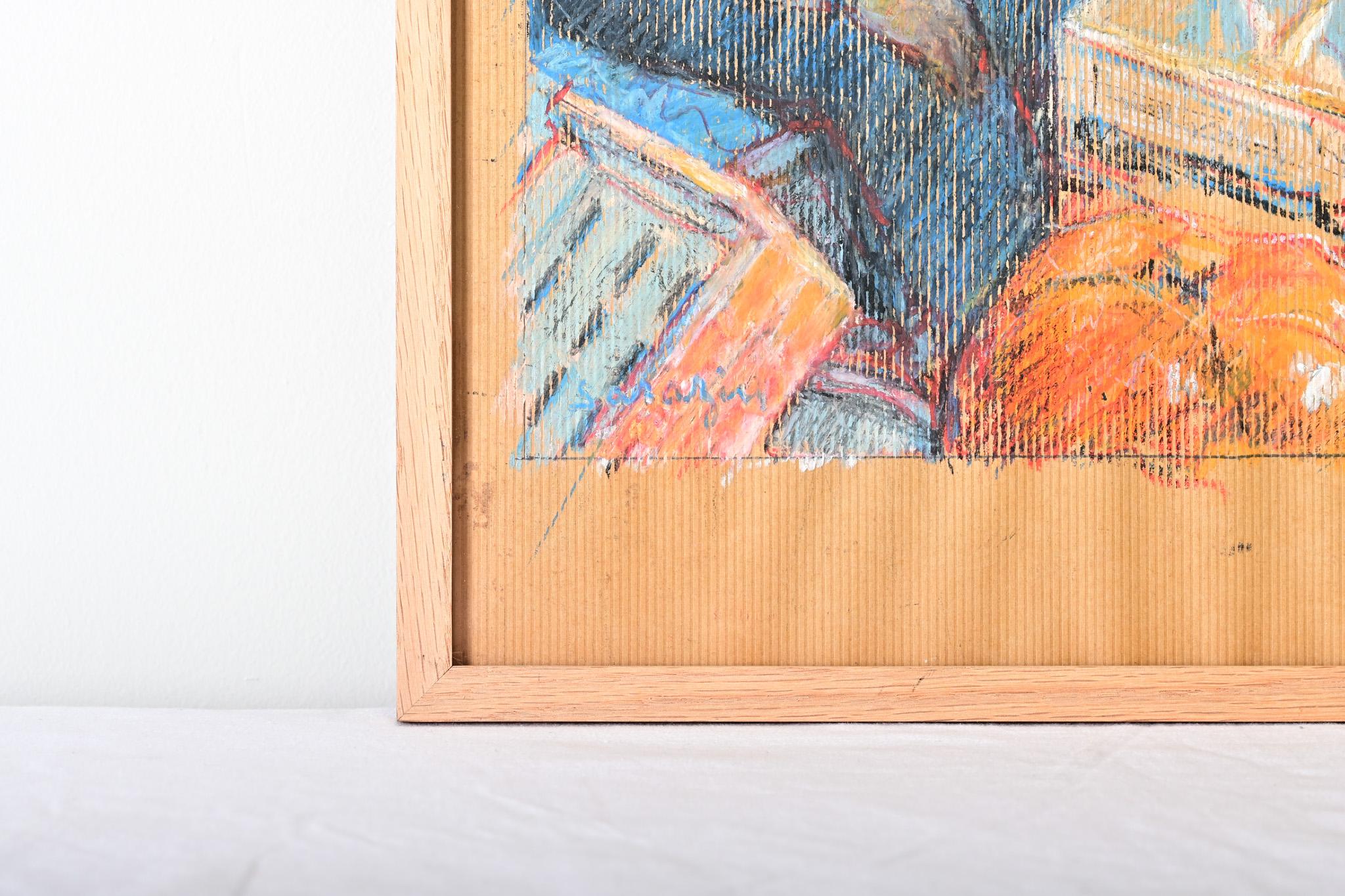 Französisch Vintage gerahmt Pastell Zeichnung im Angebot 2