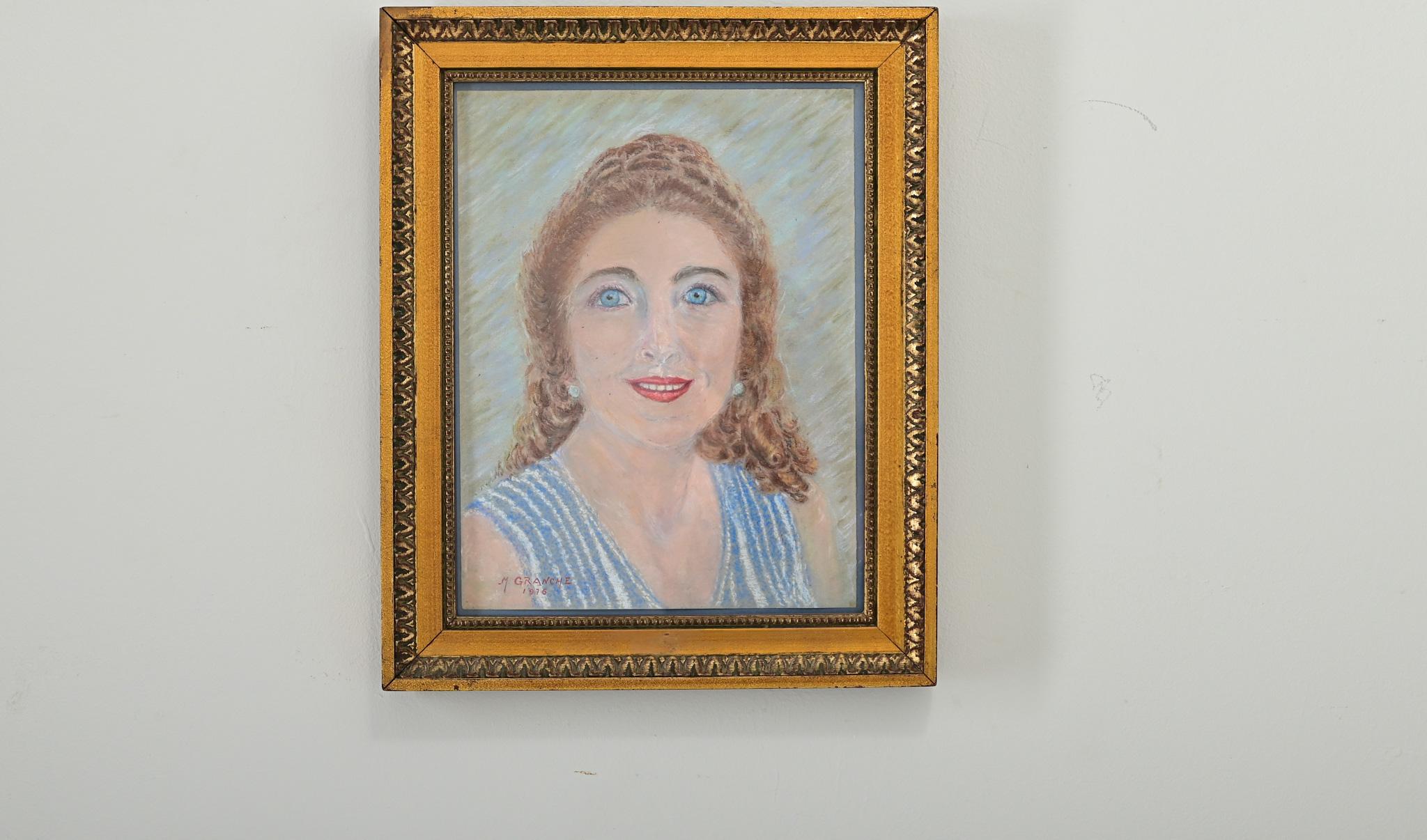 Französisch Vintage (Ende des 20. Jahrhunderts) gerahmt Pastell Porträt einer Dame (