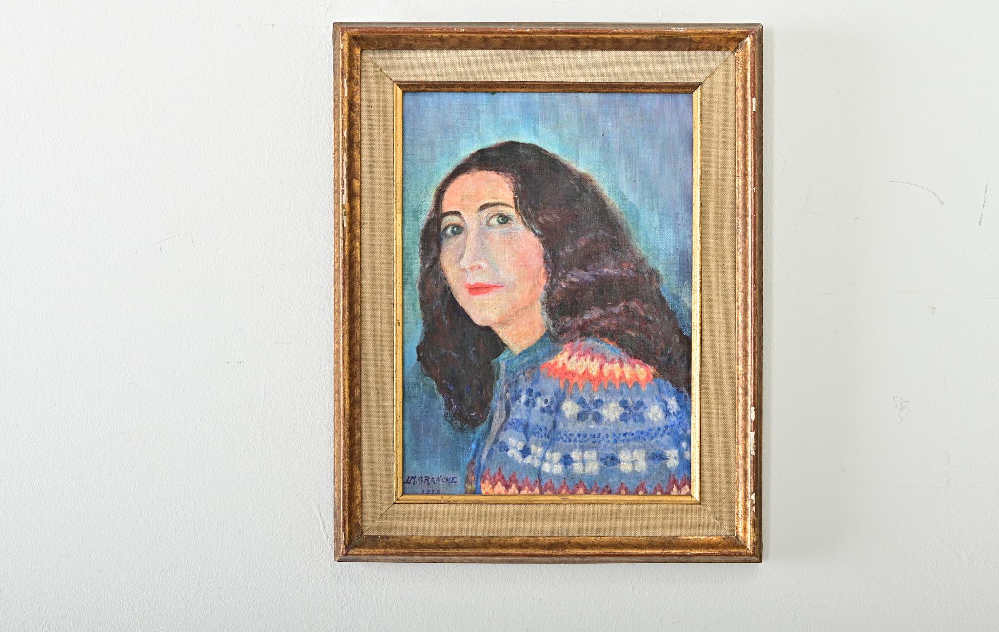 Französisches Vintage (spätes 20. Jahrhundert) gerahmtes Ölporträt einer Dame in Dreiviertelansicht, mit nachdenklichem Gesichtsausdruck und buntem Intarsienpullover. Auf der Vorderseite signiert, gerahmt und bereit, in Ihrem Interieur zu hängen.