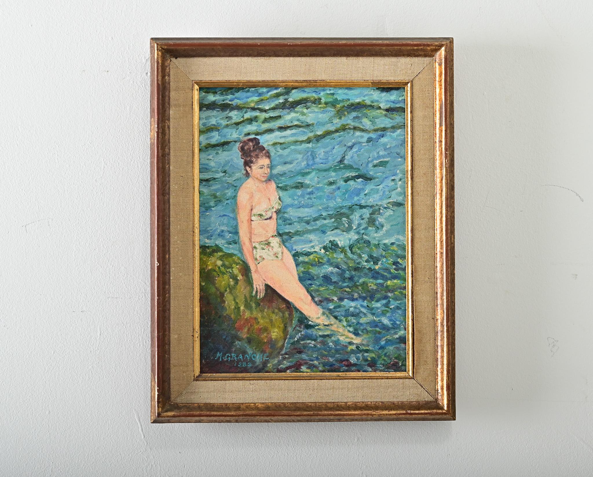 Gerahmtes französisches Ölporträt im Vintage-Stil (Ende des 20. Jahrhunderts) einer Dame, die sich am Strand vergnügt, 